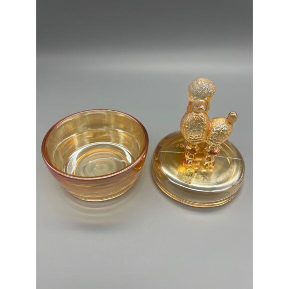 Antique Jeannette Marigold Iridescent Poodle Dog Powder Jar Trinket Glass READ - Picture 3 of 12